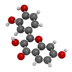 Fisetin plant polyphenol molecule, 3D rendering.