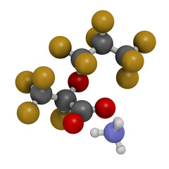 Ammonium perfluoro(2-methyl-3-oxahexanoate) molecule, also known as GenX or FRD-902, 3D rendering.