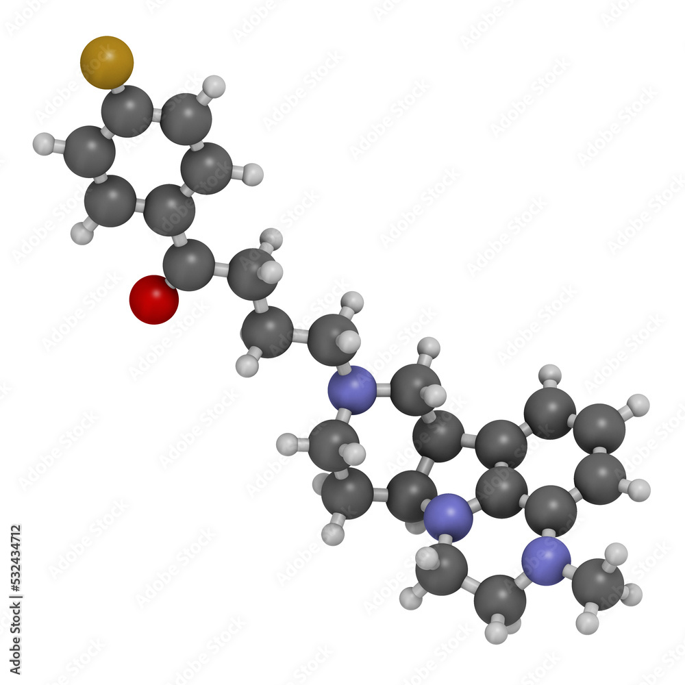 Poster lumateperone antipsychotic drug molecule, 3d rendering.