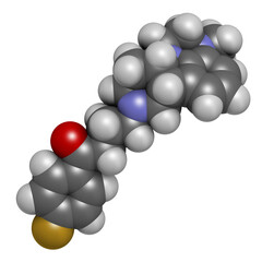 Lumateperone antipsychotic drug molecule, 3D rendering.