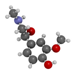 Metanephrine (metadrenaline) molecule. Metabolite of epinephrine that is biomarker for pheochromocytoma, 3D rendering.