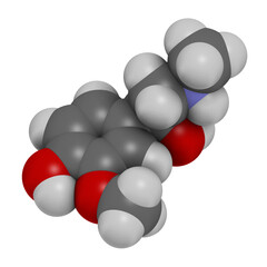 Metanephrine (metadrenaline) molecule. Metabolite of epinephrine that is biomarker for pheochromocytoma, 3D rendering.