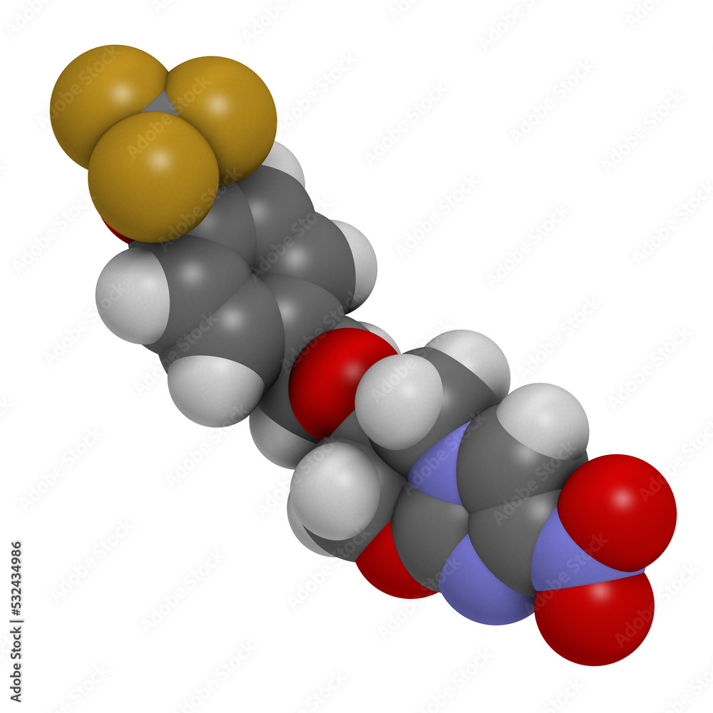 Poster Pretomanid tuberculosis drug molecule, 3D rendering.