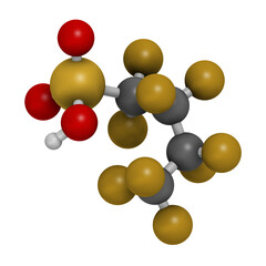 Perfluorobutanesulfonic acid fluorosurfactant molecule, 3D rendering.