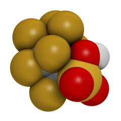 Perfluorobutanesulfonic acid fluorosurfactant molecule, 3D rendering.