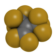 Perfluoroisobutene fluorocarbon molecule.  3D rendering. Atoms are represented as spheres with conventional color coding: carbon (grey), fluorine (gold).