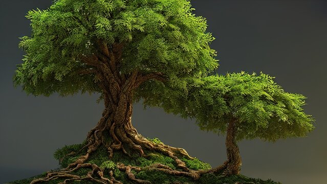 Big old fairy tree, the trunk of a centuries-old tree of twining roots at sunset. 3d illustration