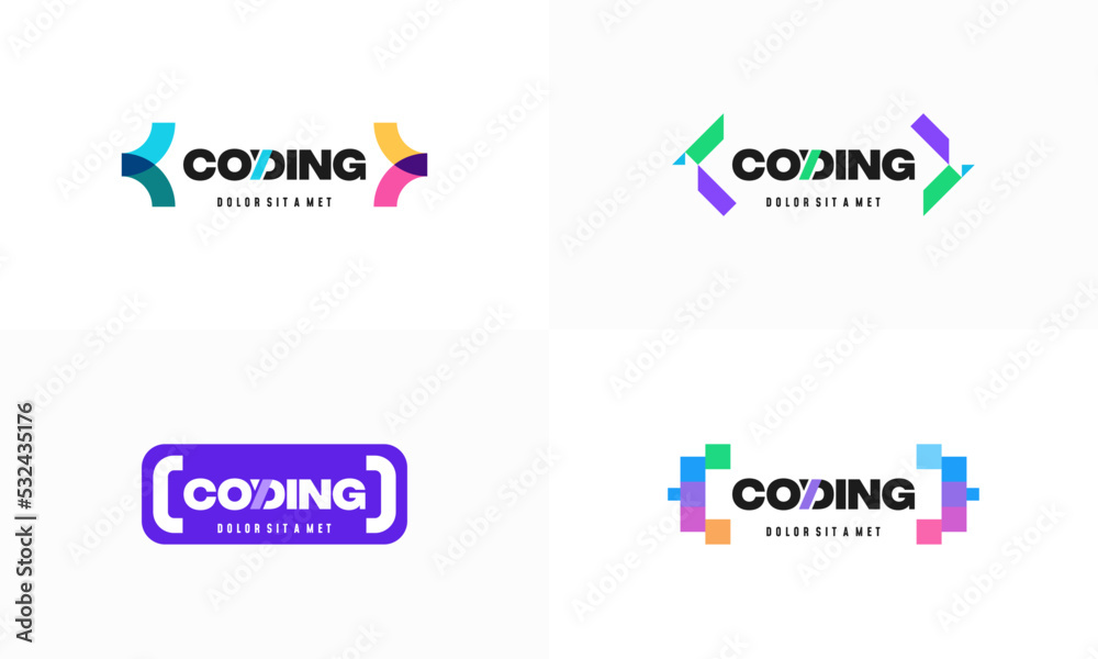 Sticker set of coding logo designs template, modern code logo for programmer
