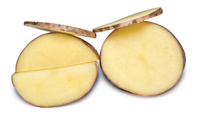 Isolated potatoes. Cut raw potato vegetables isolated on white background with clipping path

