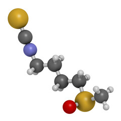 Sulforaphane cruciferous vegetable molecule, 3D rendering.