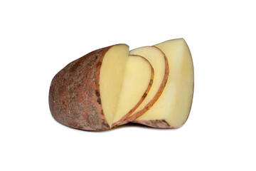 Isolated potatoes. Cut raw potato vegetables isolated on white background with clipping path
