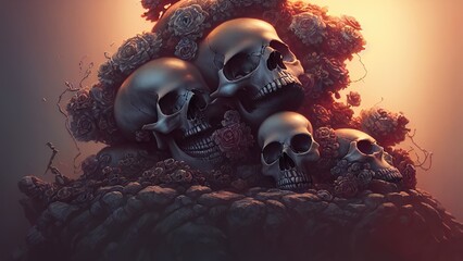Skulls in the ground overgrown with vegetation and moss, surrealism of the skull close-up. 3d illustration