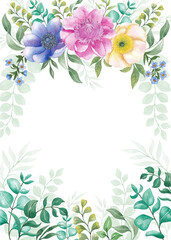 Watercolor floral illustration. Frame, border, bouquet, wreath; wedding stationery, congratulations, wallpaper, fashion, posters, background. leaves, flowers.