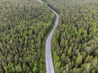 Aerial view of a narrow forest road, no cars. Drone photography taken from above in Sweden in summer. Surroundings with coniferous trees. Travel and transportation concept. © Anna