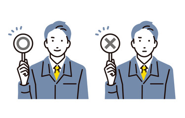 丸とバツの札を持つ作業服の男性セット
