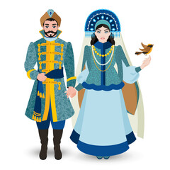 Newlyweds. A young couple in rich Slavic costumes. A girl in a kokoshnik with a veil holds a man's hand. Historical costume. Fashion.