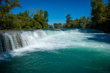 Beautiful natural landmark of manavgat waterfall with waterfall lake landscape near Manavgat city, Turkey