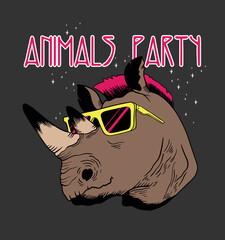 Animals party.Rhino illustration wearing party glasses . © vekture