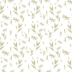 Seamless vector botanical pattern. Dragonflies and grass. Great for printing on fabric and paper.