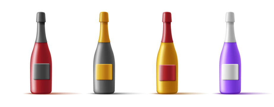 Set od 3d wine bottles of sparkling vine in different colors