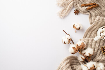 Winter season aesthetic. Top view photo of knitted blanket cup of hot drinking with marshmallow anise cinnamon sticks pine cone and cotton branch on isolated white background with copyspace