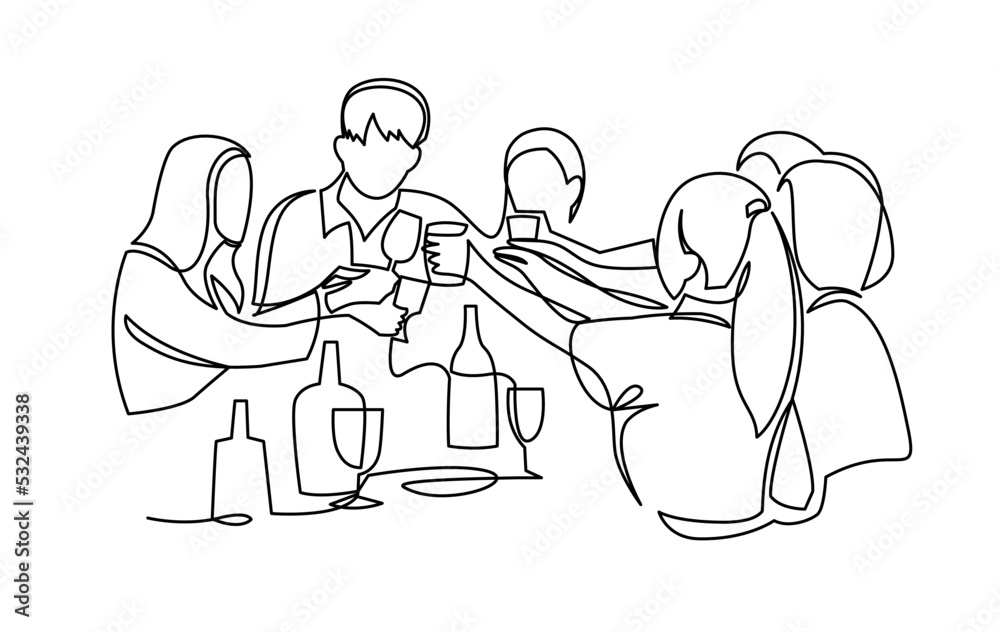 Wall mural continuous one line drawing of group of happy boys and girls clinking glasses and drinking alcohol a