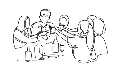 Continuous one line drawing of Group of happy boys and girls clinking glasses and drinking alcohol at celebratory party. Joyful friends celebrating together vector illustration