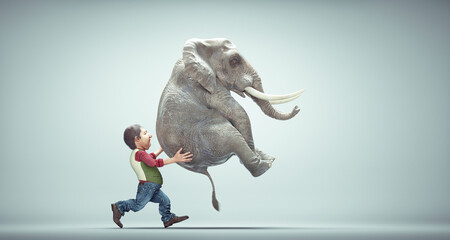 Old man carries an elephant. Difficult task and ambition concrpt.