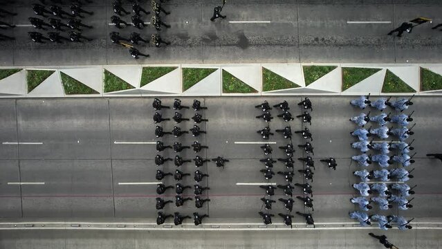 drone shot of a full platoon of the mexican army marine corps in mexco city