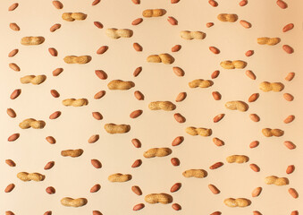 Peanut pattern on beige background. Flat lay. Minimal concept.