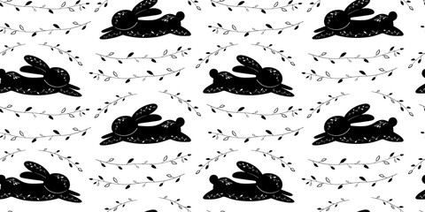 Pattern black rabbit, black hare in Scandinavian style. Minimalistic print with the symbol of the year 2023. Rabbit runs vector pattern for the design of holiday packaging, scrapbooking, wallpapers.