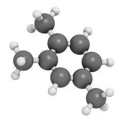 Pseudocumene (1,2,4-trimethylbenzene) aromatic hydrocarbon molecule. Occurs in naturally in coal tar and petroleum. 3D rendering. 