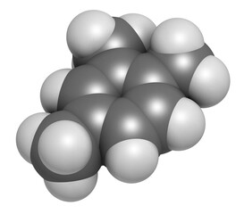 Pseudocumene (1,2,4-trimethylbenzene) aromatic hydrocarbon molecule. Occurs in naturally in coal tar and petroleum. 3D rendering. 