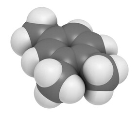 Pseudocumene (1,2,4-trimethylbenzene) aromatic hydrocarbon molecule. Occurs in naturally in coal tar and petroleum. 3D rendering. 