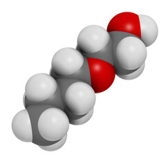 2-Butoxyethanol solvent and surfactant molecule. 3D rendering. Atoms are represented as spheres with conventional color coding: hydrogen (white), carbon (grey), oxygen (red).