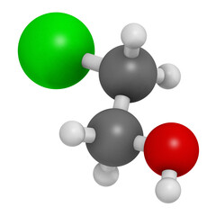 Ethylene chlorohydrin molecule. Side product formed during ethylene oxide sterilization. 3D rendering. 