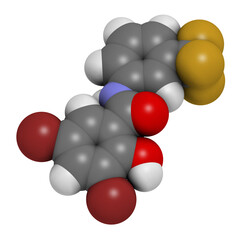 Fluorosalan antiseptic molecule. 3D rendering. 