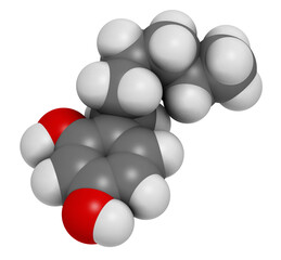 Hexylresorcinol molecule. Has anaesthetic, antiseptic and anthelmintic properties. 3D rendering. 