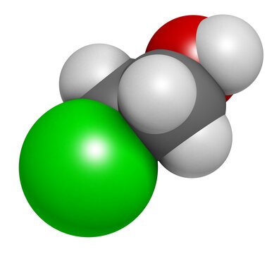 Ethylene chlorohydrin molecule. Side product formed during ethylene oxide sterilization. 3D rendering. 