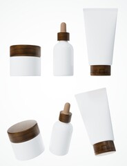 Different views of cream jar with wooden cap, serum dropper bottle and cosmetic tube, 3D render cosmetic product packaging isolated on white background