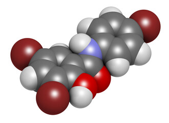 Tribromsalan disinfectant molecule. 3D rendering. Atoms are represented as spheres with conventional color coding: hydrogen (white), carbon (grey), oxygen (red), nitrogen (blue), bromine (brown).