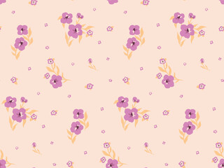 Seamless floral pattern, liberty cute ditsy print, simple abstract ornament in gentle spring motif. Pretty botanical design: small hand drawn flowers, leaves on a light background. Vector illustration