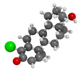 Chlorodehydromethyltestosterone (CDMT) androgenic and anabolic steroid molecule, used in sports doping. 3D rendering. 
