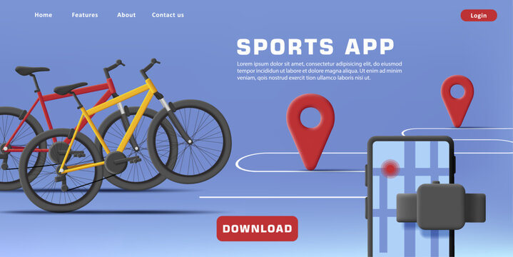 3d illustration with bicycle rental service, smartphone app with map