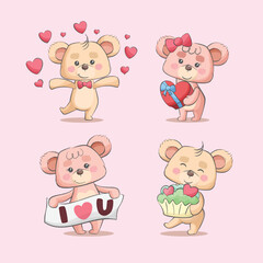 Valentine teddy bear love couple cartoon cute characters hand drawn illustration set