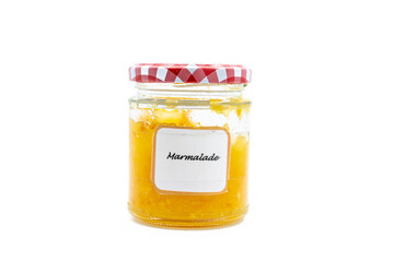 Homemade marmalade jar isolated on white background, copy space
