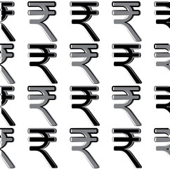 Indian rupee symbol vector pattern seamless background. Black white monochrome backdrop with geometric line art style currency icons. Finance repeat. Graphic resource for money,business, economy