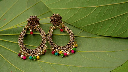 Beautiful Antique Golden pair of earrings, Luxury female jewelry, Indian traditional jewelry, Indian jewelry Bridal earrings wedding jewelry heavy party earrings