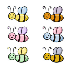 A set of colored icons, smiles of a little bee, vector children cartoon