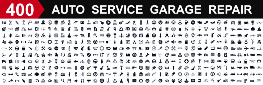 Auto service, car garage 400 isolated icons set, transport repair – stock vector